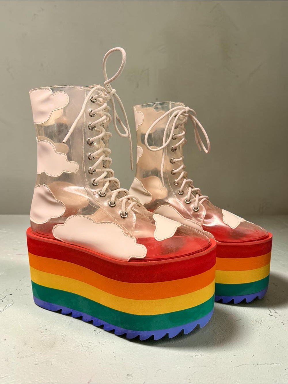 Dolls Kill Clear Pink Lace-Up Platform Boots with Rainbow Sole